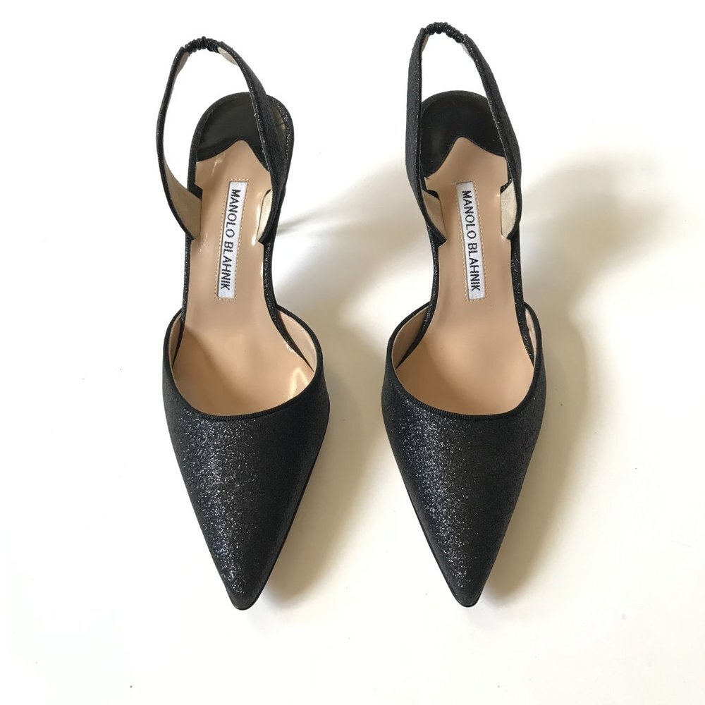 NIB NEW Manolo Blahnik Carolyne 70 Glitter Shoes Womens 37.5 Black Slingback 7.5